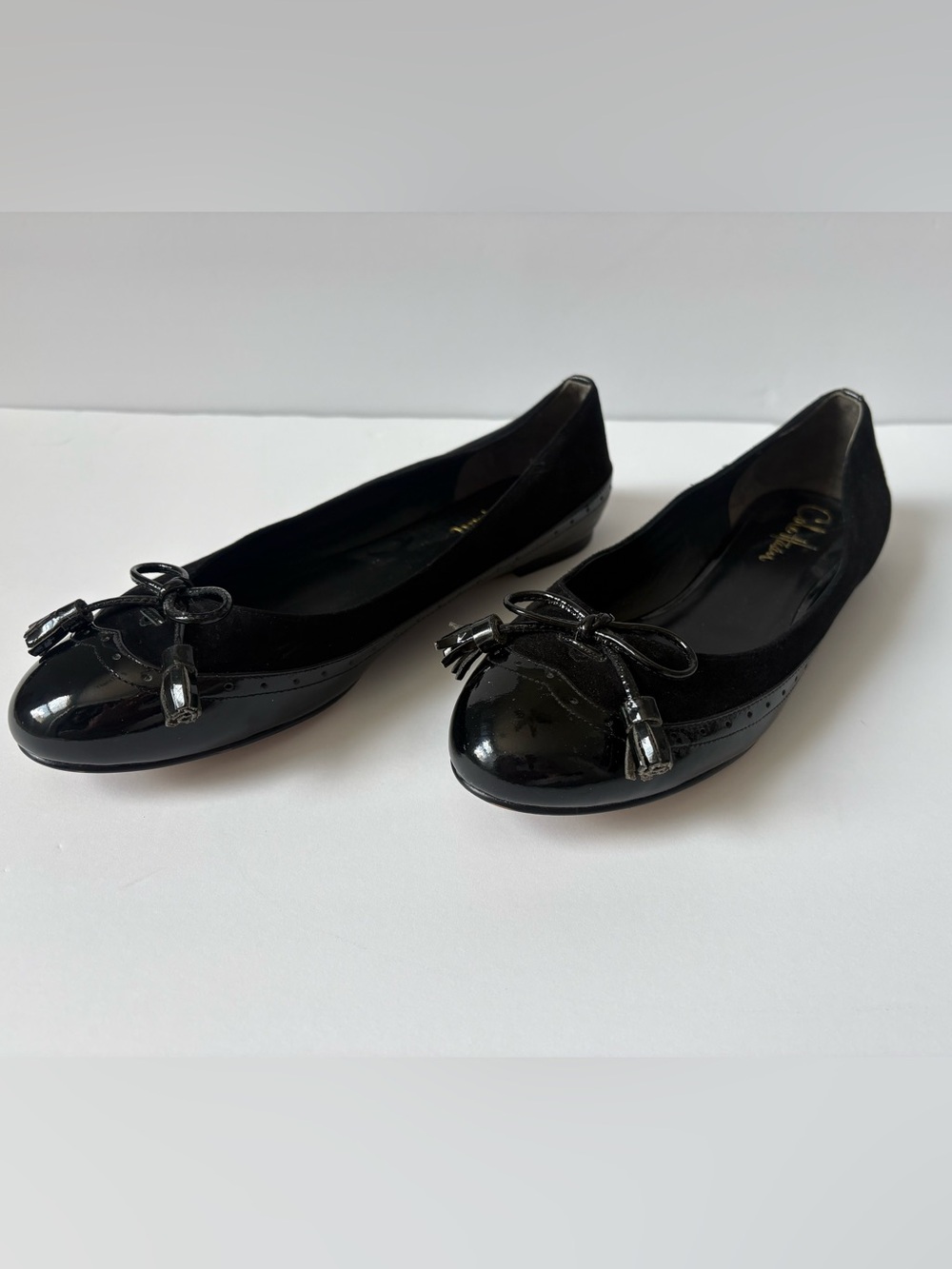 Cole Haan Black Suede Patent Leather Tassel Ballet Flats 7B